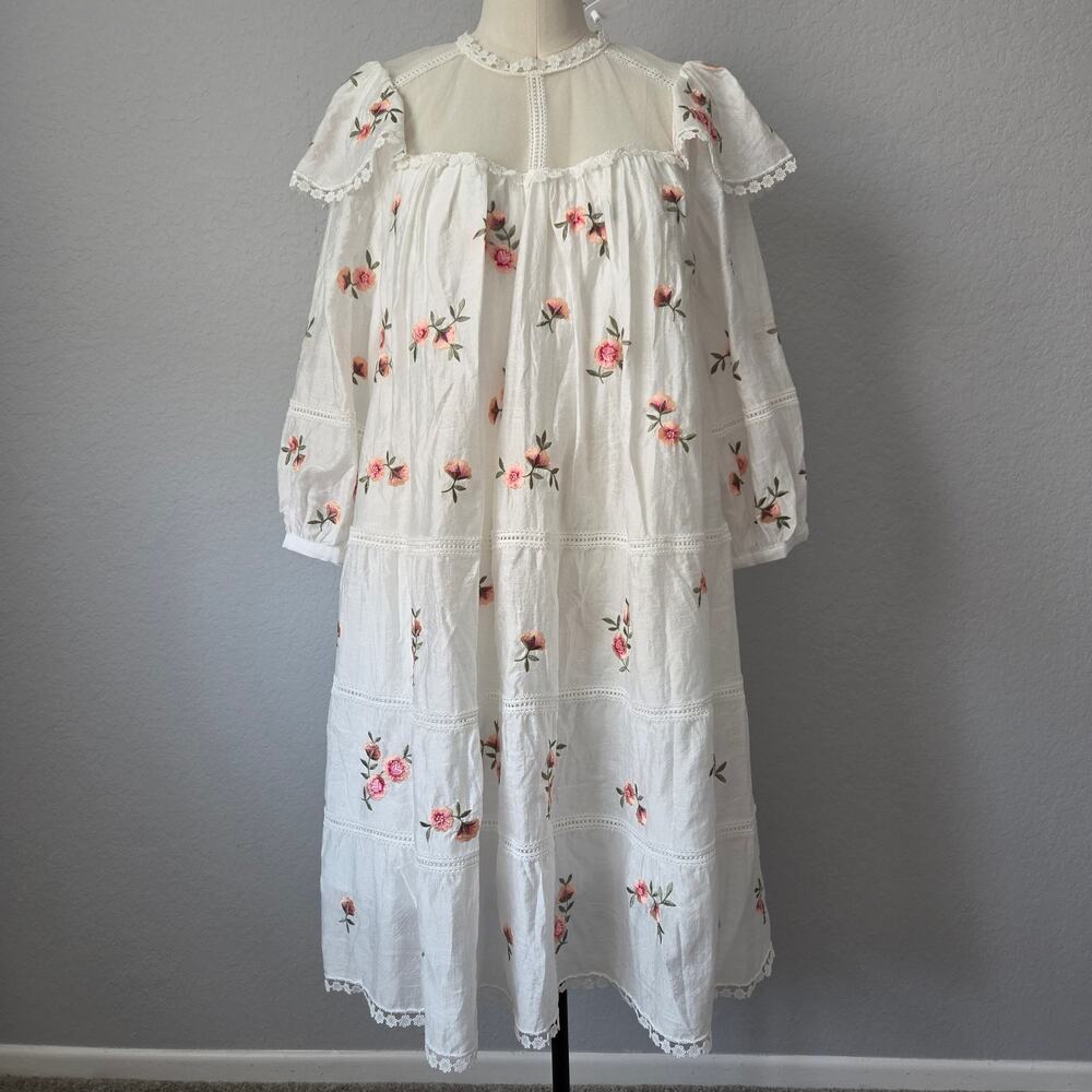 NWT Romantic Embroidered Floral Lyocell-Linen Dress - Boho Cottagecore